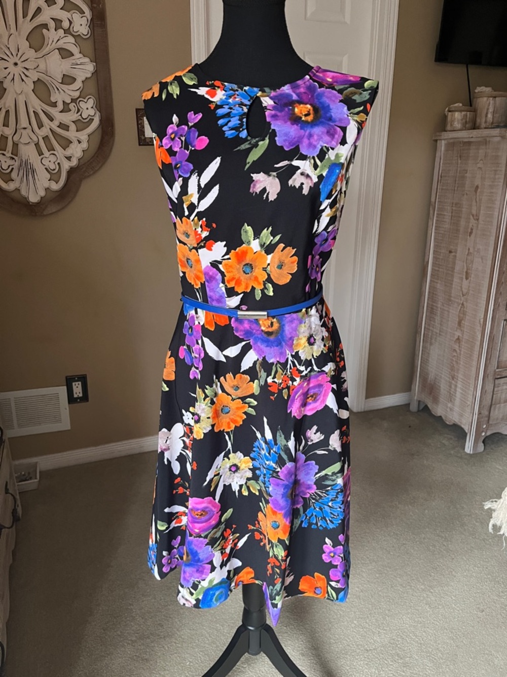 London Times Black Midi Dress with Purple & Orange Floral Print